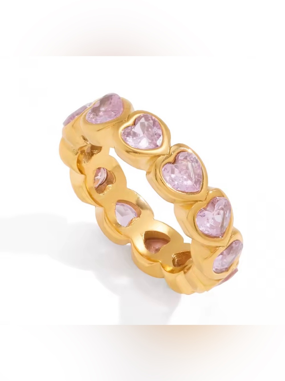 Gold Tone Heart-Link Ring with Pink Heart Gemstones